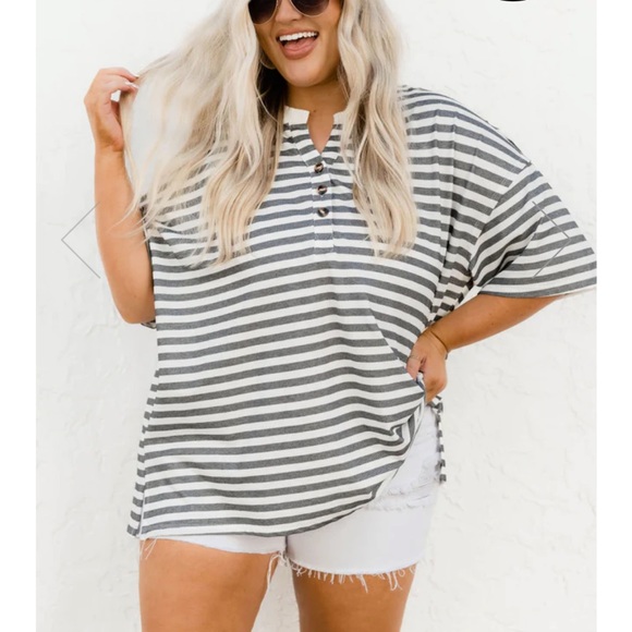 Pink Lily IT CAN HAPPEN CHARCOAL STRIPED HENLEY TEE - Picture 3 of 4